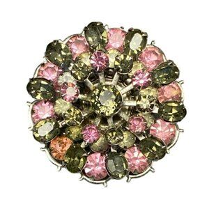 Vintage Midcentury Dome Brooch Pin With Pink & Olivine Green Rhinestones